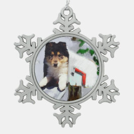 Collie Puppy Christmas Mailbox Schneeflocken Zinn-Ornament