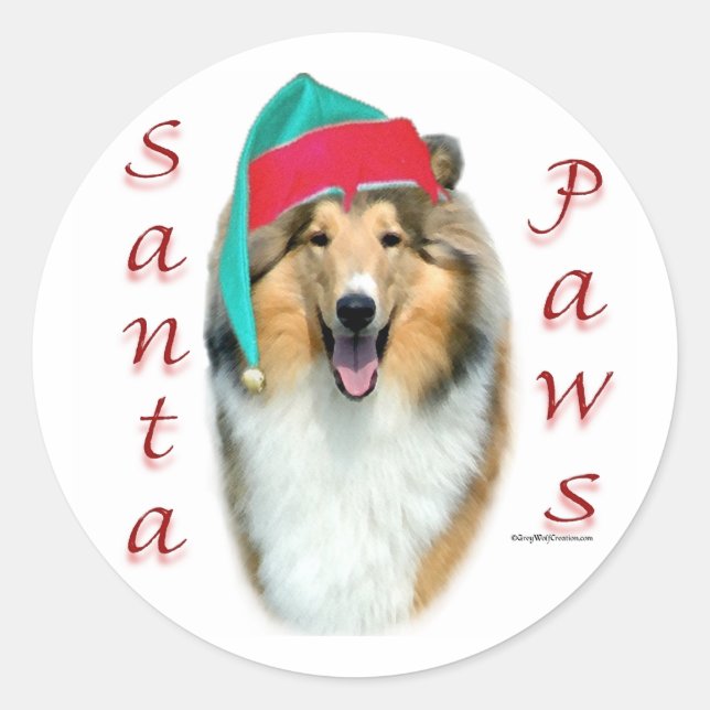 Collie (rau) Santa Paws Runder Aufkleber (Vorderseite)