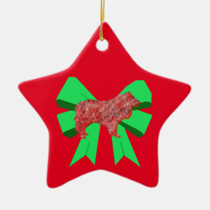 Collie Rough Red Dog & Green Bow Christmas Keramik Keramik Ornament