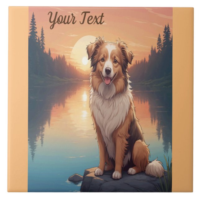 Collie Shepherd am See Fliese (Vorderseite)