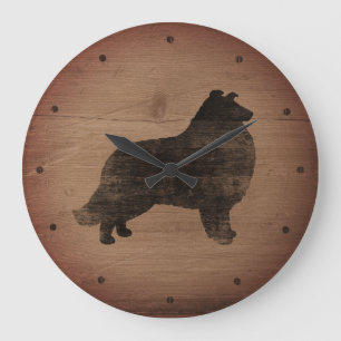 Collie Silhouette Rustikaler Stil Große Wanduhr