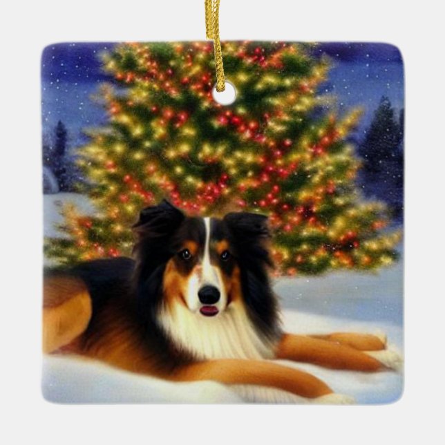 Collie unter Weihnachtsbaum Keramikornament (Vorderseite)