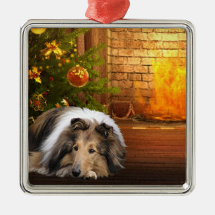 Collie-Weihnachten Silbernes Ornament