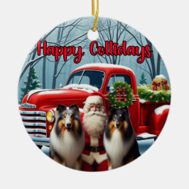 Collies, Weihnachtsmann, roter LKW-Schmuck Keramik Ornament