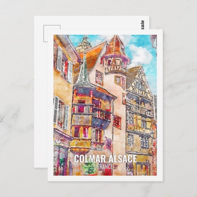 Colmar Alsace Frankreich Reisen Place Watercolor Postkarte (Vorne/Hinten)