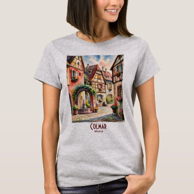 Colmar France Alsace Village Art Watercolor Travel T-Shirt (Vorderseite)