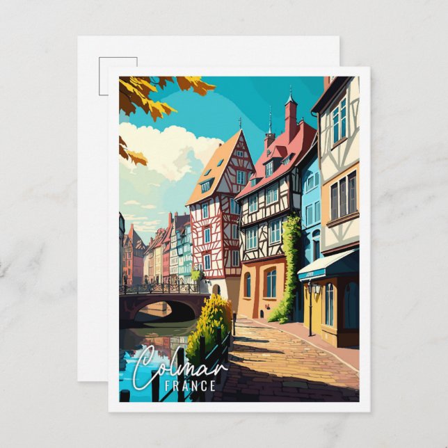 Colmar France Art Vintage Reise Illustration Postkarte (Vorne/Hinten)