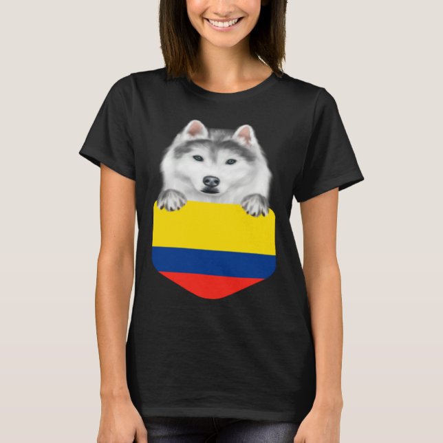 Colombia Flag Siberian Husky Dog In Pocket T-Shirt (Vorderseite)