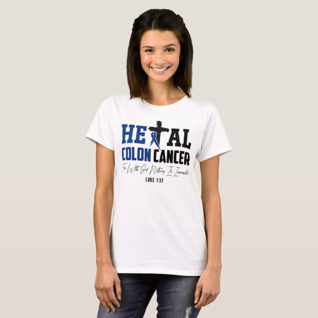 Colon Cancer Christlich Luke 1:37 Dark Blue Ribbon T-Shirt (Vorne ganz)