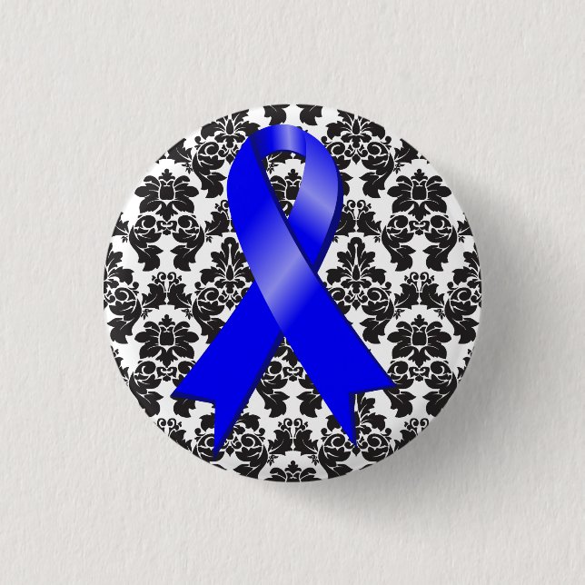 Colon Cancer Damask Blue Ribbon Button (Vorderseite)