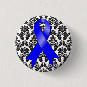 Colon Cancer Damask Blue Ribbon Button