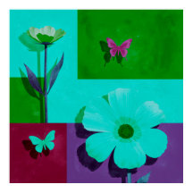 Color Block Floral Art Print with Butterflies