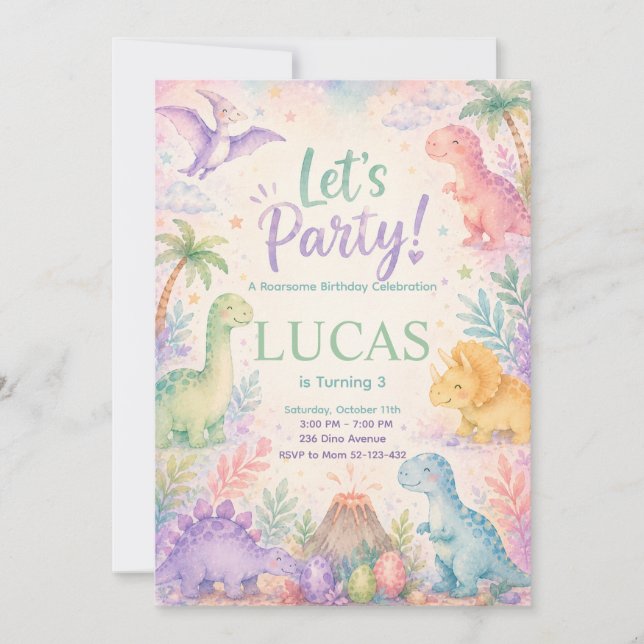 Color Dinosaur Birthday Invitation Editable Einladung (Vorderseite)