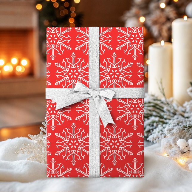 Color Editable Red Snowflakes Weihnachten Geschenkpapier (Color Editable Red Snowflakes Christmas Wrapping Paper)