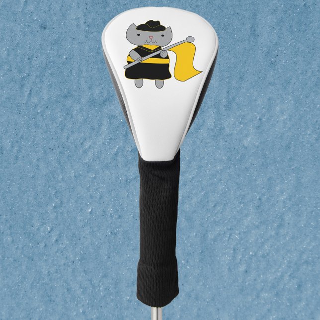 Color Guard Black Yellow Cat Golf Headcover (A golf head cover with a gray cat wearing a yellow and black color guard uniform.)