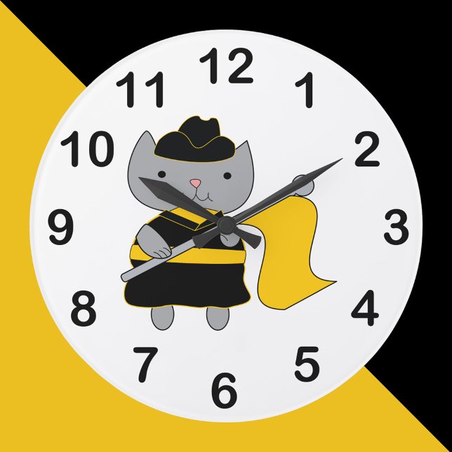 Color Guard Cat Black Yellow Marching Band Große Wanduhr (A clock with a gray cat wearing a black and yellow color guard uniform.)