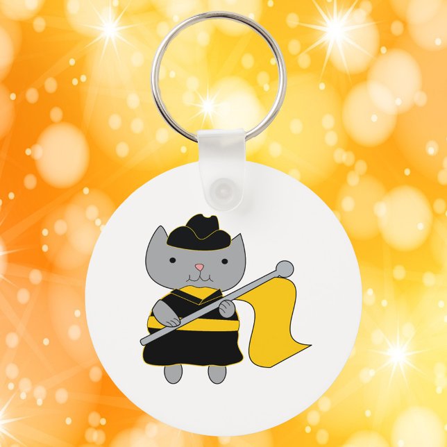 Color Guard Kawaii Cat Black Yellow Schlüsselanhänger (A keychain featuring a cute gray cat in a black & yellow color guard uniform.)
