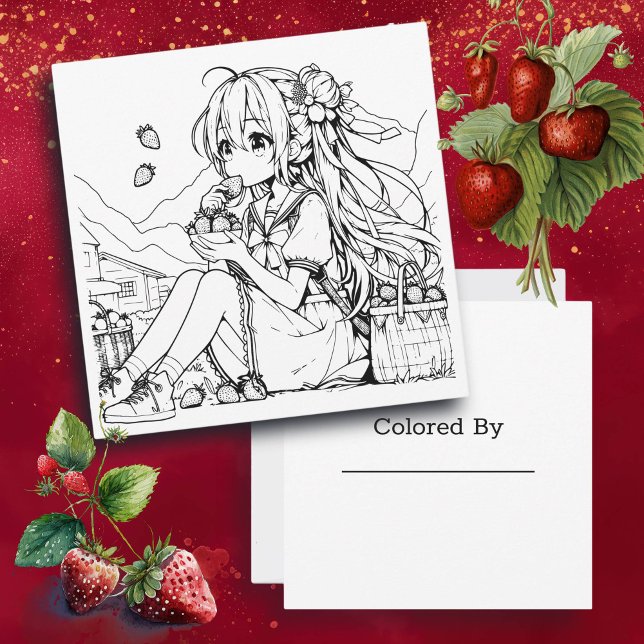 Color Me Card für Kinder | Anime Girl Strawberries Karte (Von Creator hochgeladen)