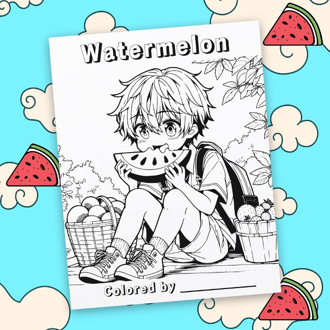 Color-Me-Seite | Anime Boy aß Watermelon (Von Creator hochgeladen)
