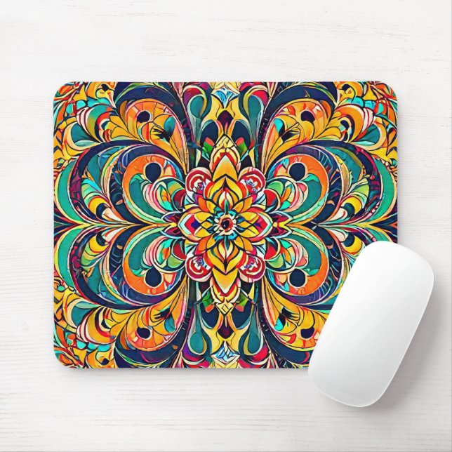 Color Symphony Mandala – Bold Psychedelic Floral Mousepad (Mit Mouse)