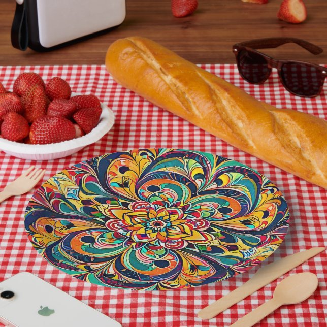 Color Symphony Mandala – Bold Psychedelic Floral Pappteller (Picknick)