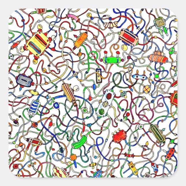 Color Tangled Electrical Wiring Cartoon Quadratischer Aufkleber (Vorderseite)