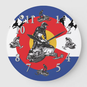 Colorado Flag and Snowmobiles Clock Große Wanduhr