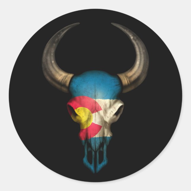 Colorado Flag Bull Skull auf Schwarz Runder Aufkleber (Vorderseite)