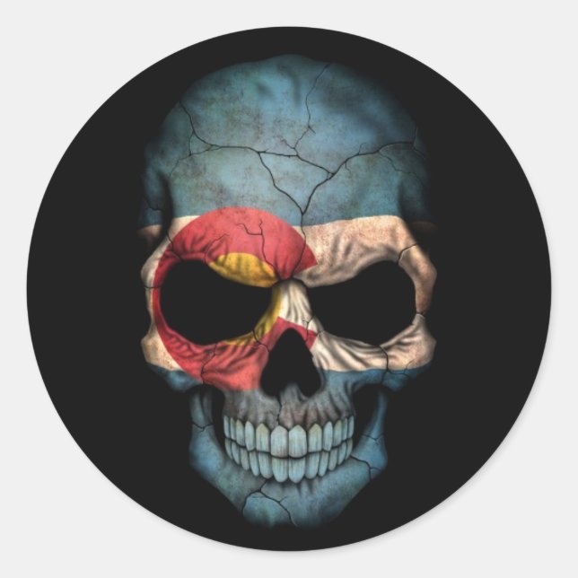 Colorado Flag Skull auf Schwarz Runder Aufkleber (Vorderseite)