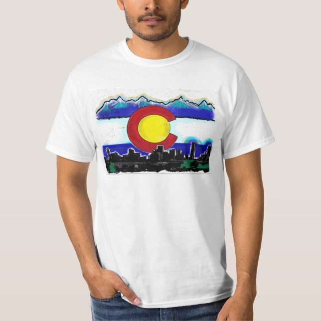 Colorado-Flaggendenver-Skylinekunst-Wertt-stück T-Shirt (Vorderseite)