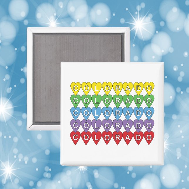 Colorado Hearts Rainbow Pattern Magnet (A fun magnet with the word Colorado in yellow, green, blue, purple and red)