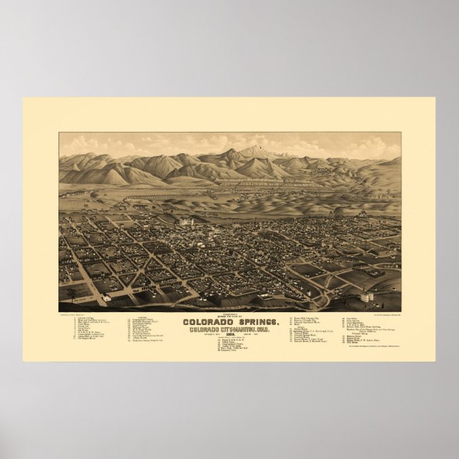 Colorado Springs, CO Panorama Karte - 1882 Poster (Vorne)