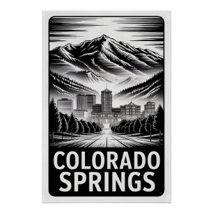 Colorado Springs Colorado Schwarz-Weiß-Holzschnitt Poster