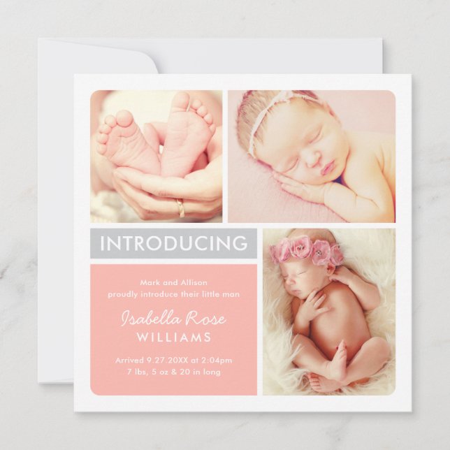 Colorblock Foto Collage Blush Baby Girl Birth Ankündigung (Vorderseite)