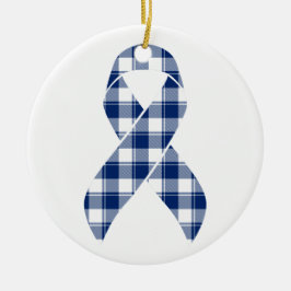 Colorectal Cancer Awareness Plaid Dark Blue Ribbon Keramik Ornament