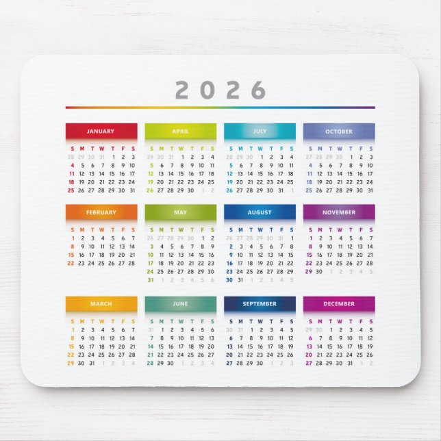 Colorful 2026 Calendar - Rainbow Colors 3 Columns Mousepad (Vorne)
