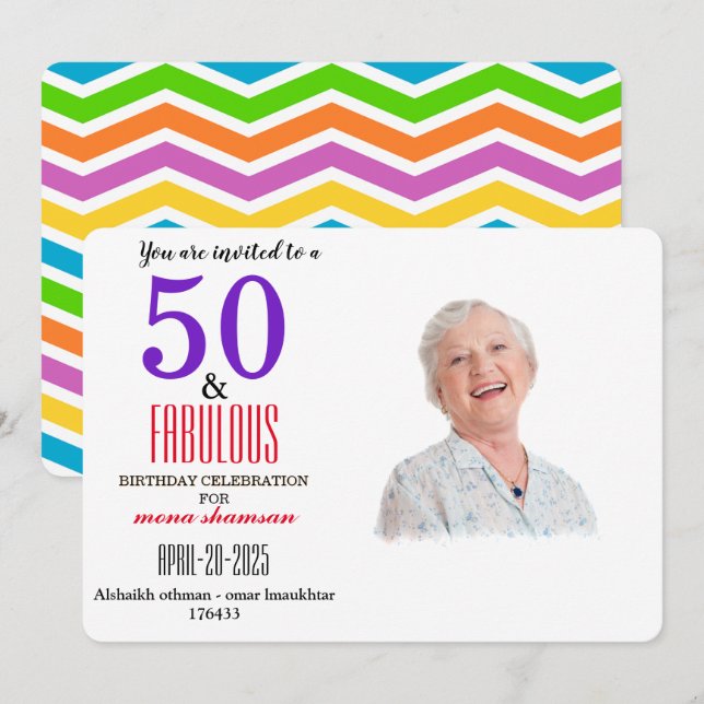 Colorful 50 & Fabulous Invitation Einladung (Vorne/Hinten)