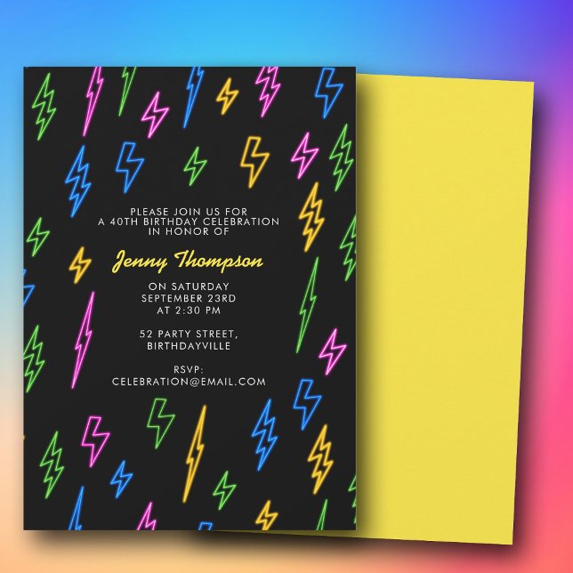 Colorful 80's Retro Neon Lightning Birthday Einladung (Colorful 80's Retro Neon Lightning Birthday Invitation)