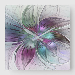 Colorful Abstract Flower Modern Floral Fractal Art Quadratische Wanduhr