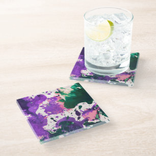 Colorful Abstract Green and Purple Splatter Paint Glasuntersetzer