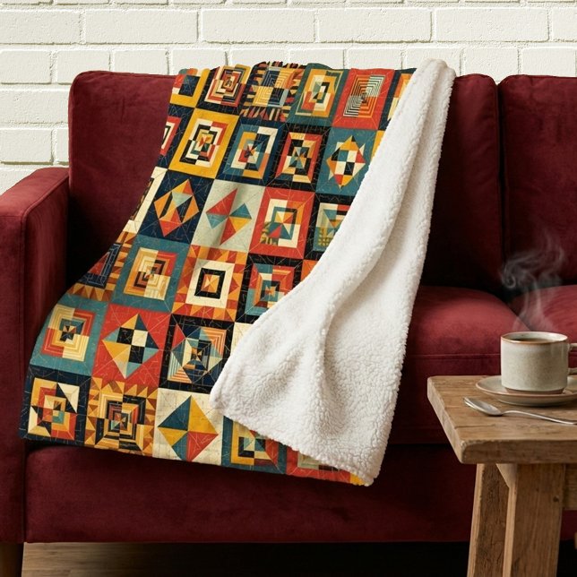 Colorful Abstract Tiled Geometrical Pattern Sherpadecke (A sherpa blanket featuring a colorful geometric tiled pattern in vibrant colors)