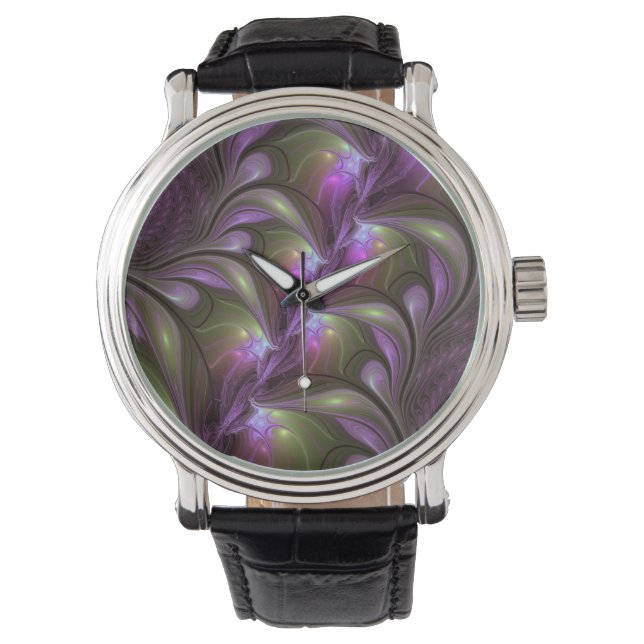Colorful Abstract Violet Purple Khaki Fractal Art Armbanduhr (Vorderseite)