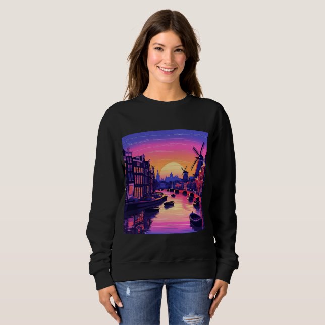 Colorful Amsterdam Sunset – Dutch Canal & Windmill Sweatshirt (Vorne ganz)