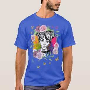 Colorful Anime Girl with Butterflies and Roses T-Shirt