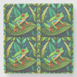 Colorful artwork of green frogs with red eyes  steinuntersetzer