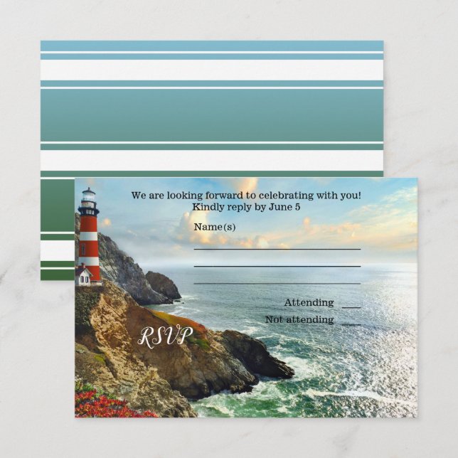 Colorful Beach Lighthouse Wedding RSVP Card Einladung (Vorne/Hinten)