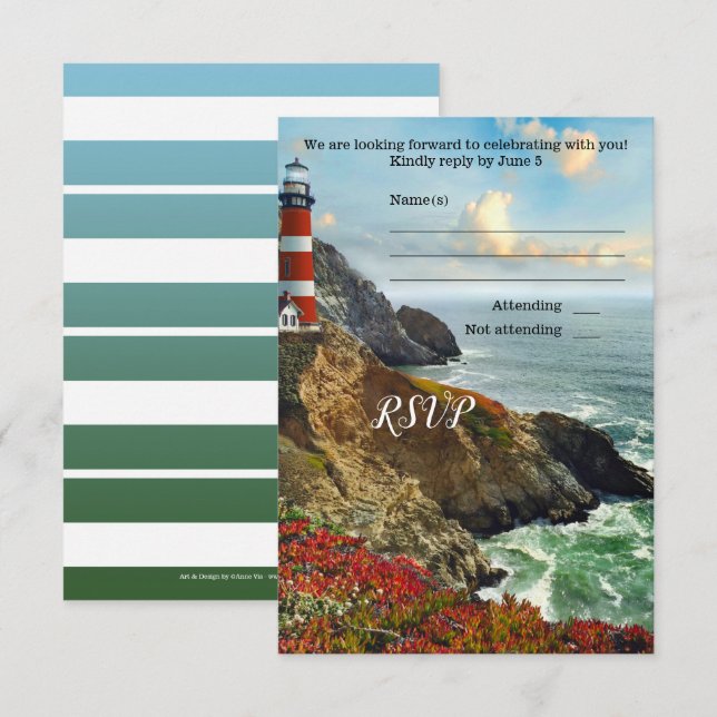 Colorful Beach Lighthouse Wedding RSVP Card Einladung (Vorne/Hinten)