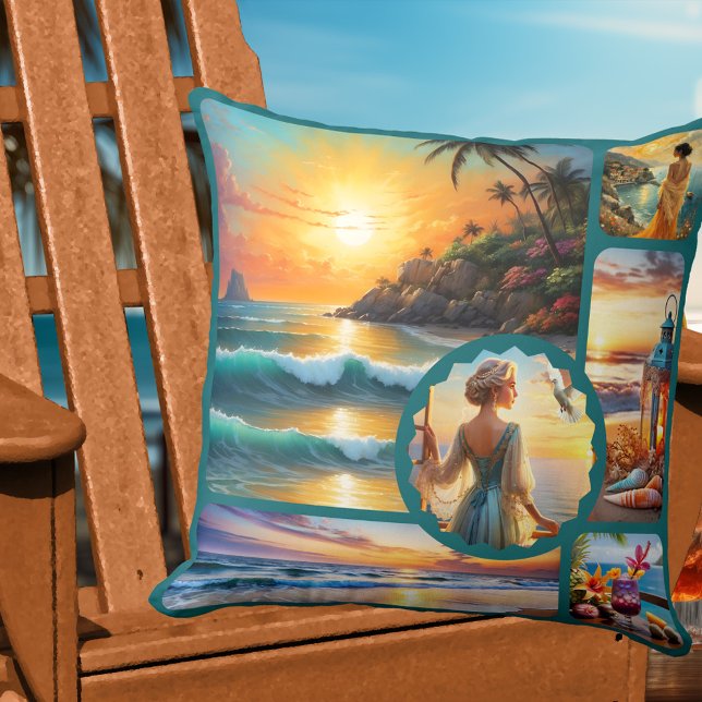 Colorful Beach Photo Collage Boho Chic  Kissen (Colorful artistic beach house pillow featuring boho fun paintings or your custom photos)