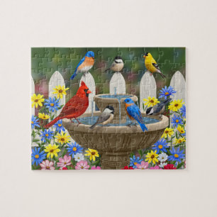 Colorful Birds Spring Garden Flowers Bird Bath Puzzle