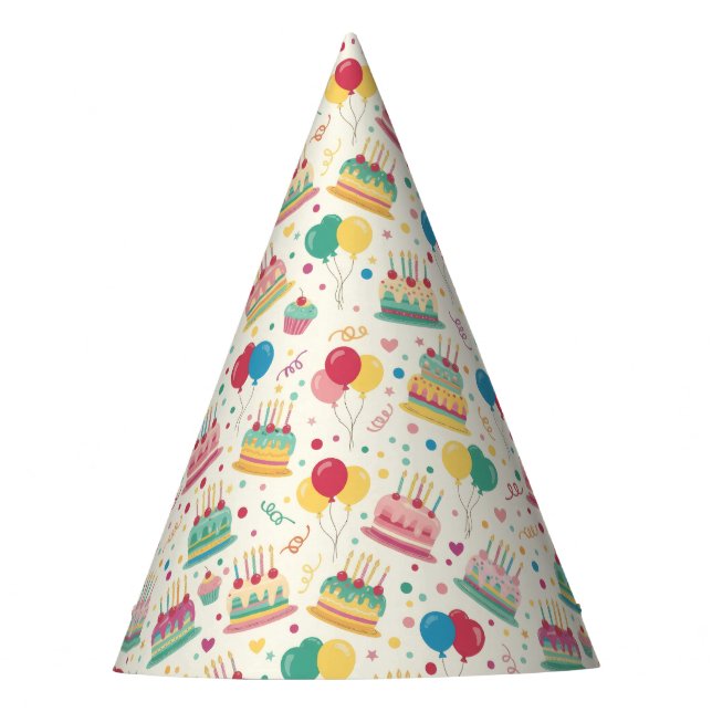 Colorful Birthday Cakes and Balloons Party Hats Partyhütchen (Vorderseite)